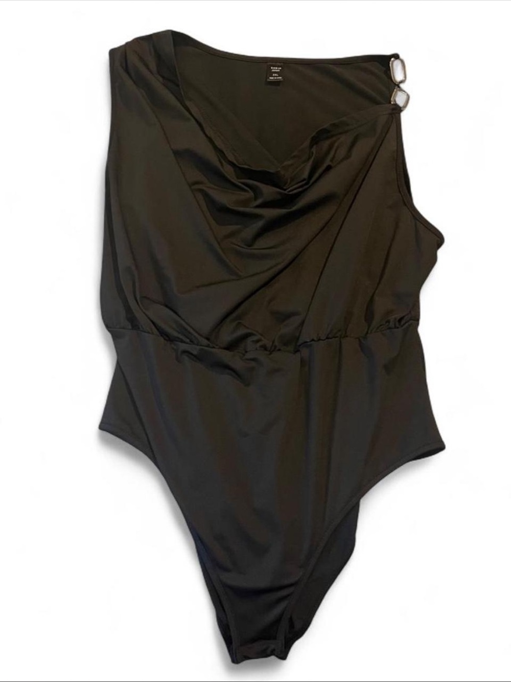 SHEIN Black Draped One-Shoulder Bodysuit with Silver Rings